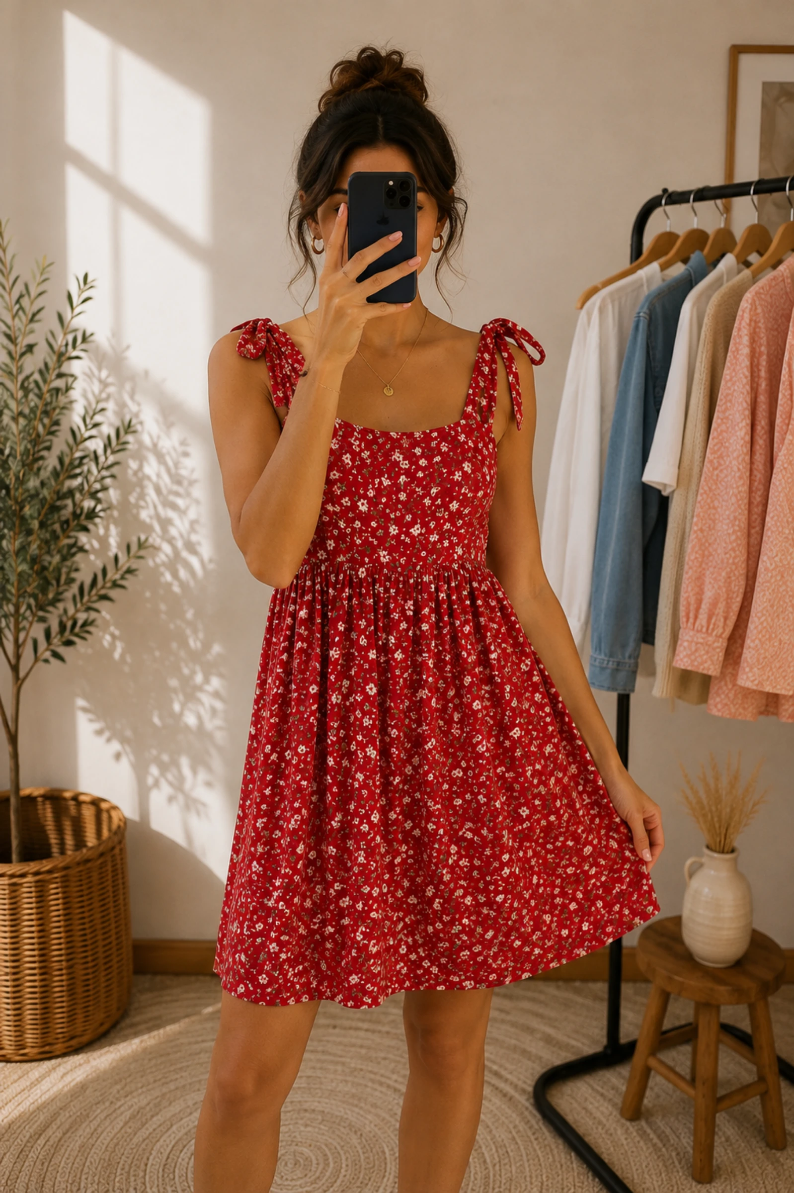 Robe rouge fleurie à bretelles nouées